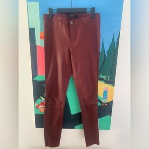 Burgundy J Brand lambskin pants worn on A Girlfriend's Guide To Divorce!